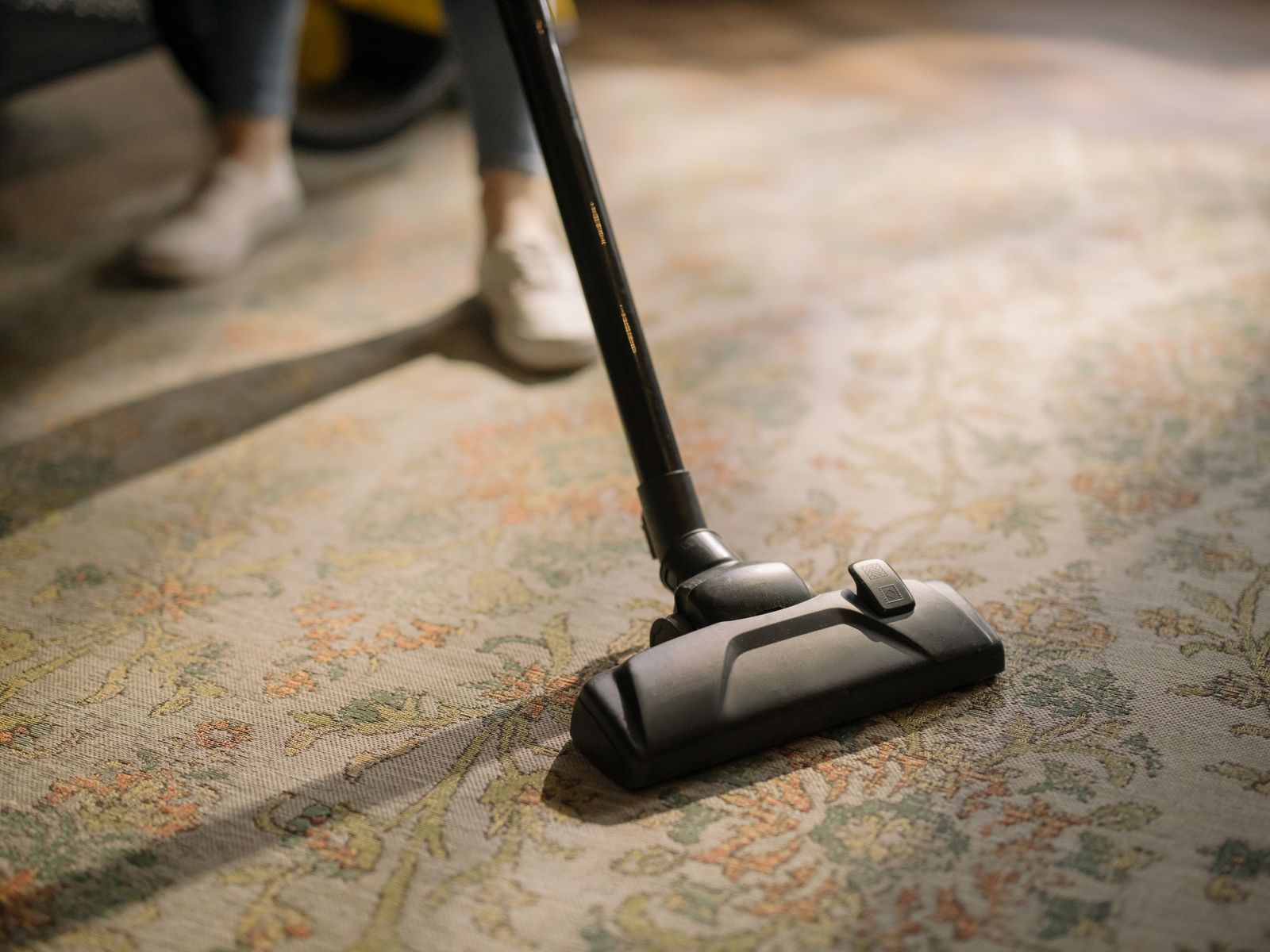 Vacuum passing over a living room rug on a scheduled cleaning visit